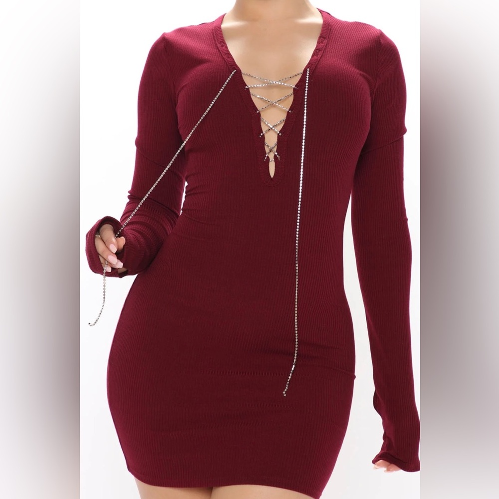 Burgundy mini dress diamond lace up